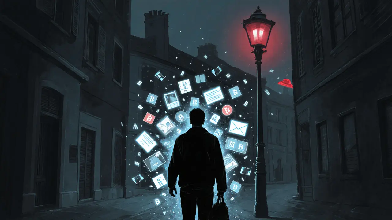 A man walking away from a shadowy figure as digital fragments float behind him in a dark alley.