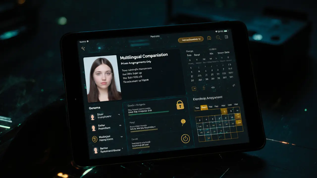 A minimalist digital profile on a tablet showing encrypted chat logs and a secure booking calendar, no faces visible.