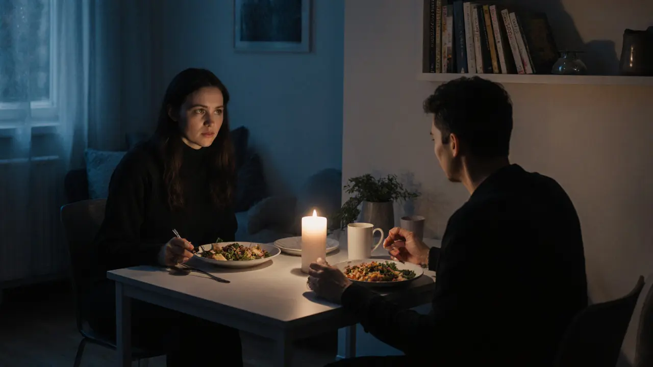 A non-binary escort and client enjoying a calm, non-sexual evening with tea and candlelight in a minimalist Amsterdam space.