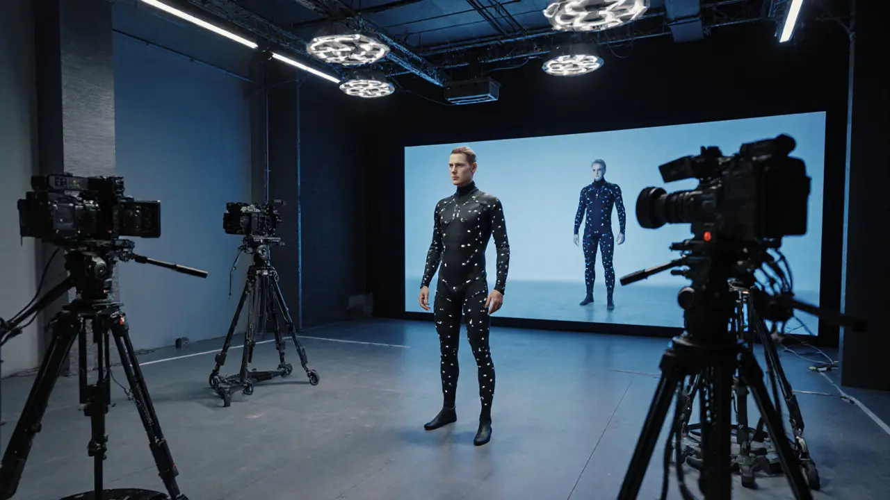 A performer being 3D scanned in a high-tech studio with cameras and sensors surrounding them.