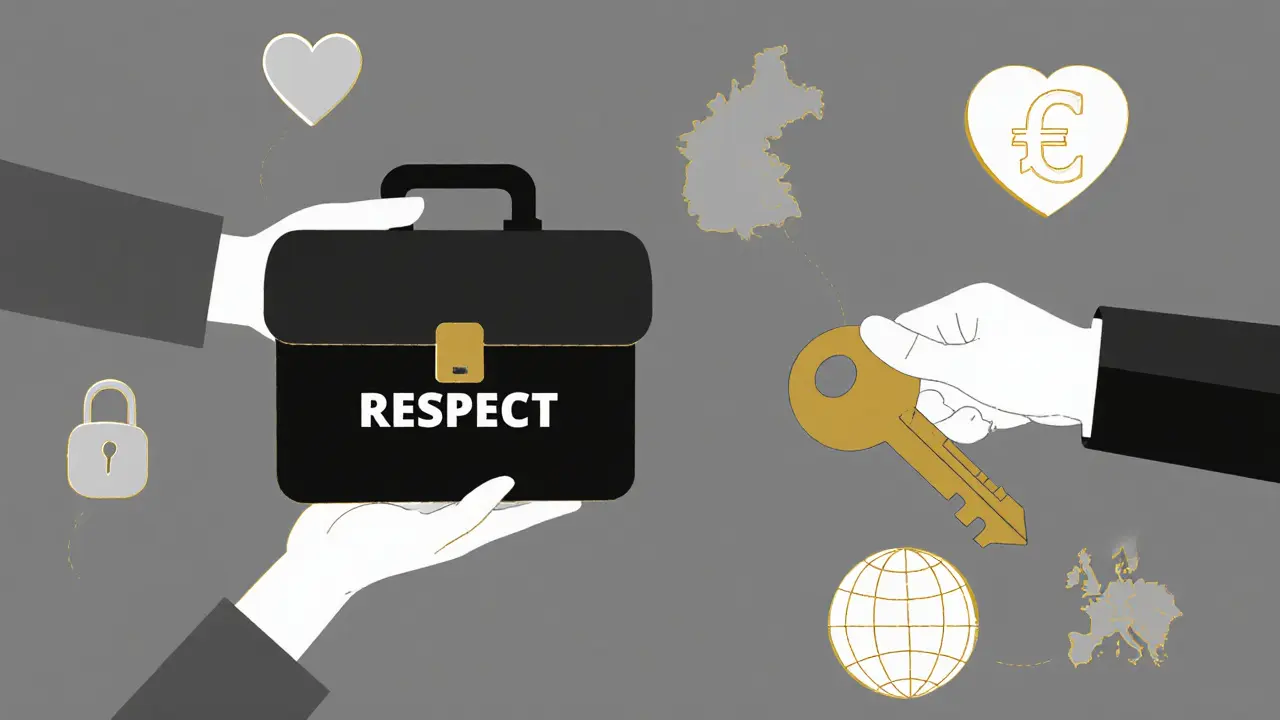A symbolic handoff of respect and safety with icons of a lock, heart, euro, and European map in minimalist style.