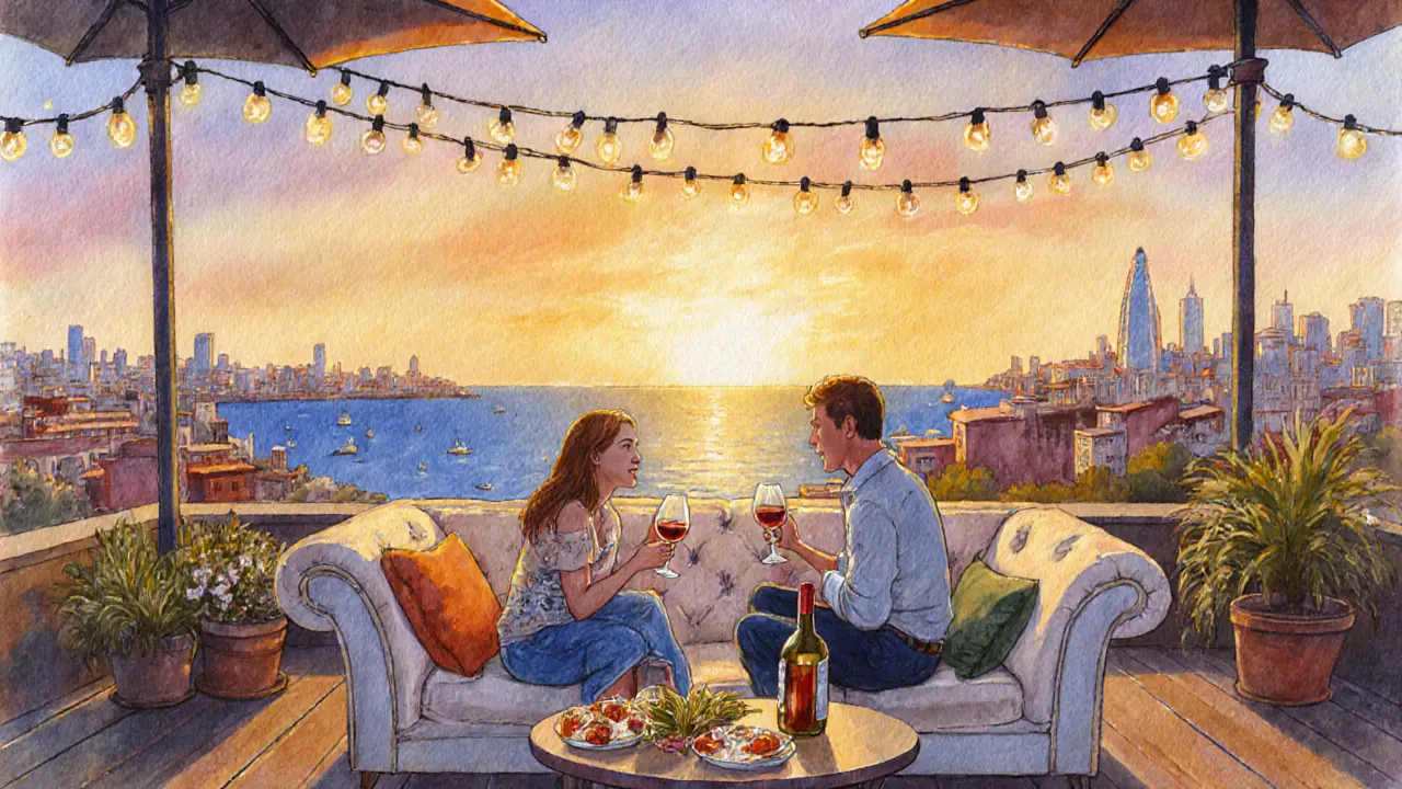 A traveler and local enjoy tapas and wine on a Barcelona rooftop at sunset, surrounded by fairy lights and city lights.