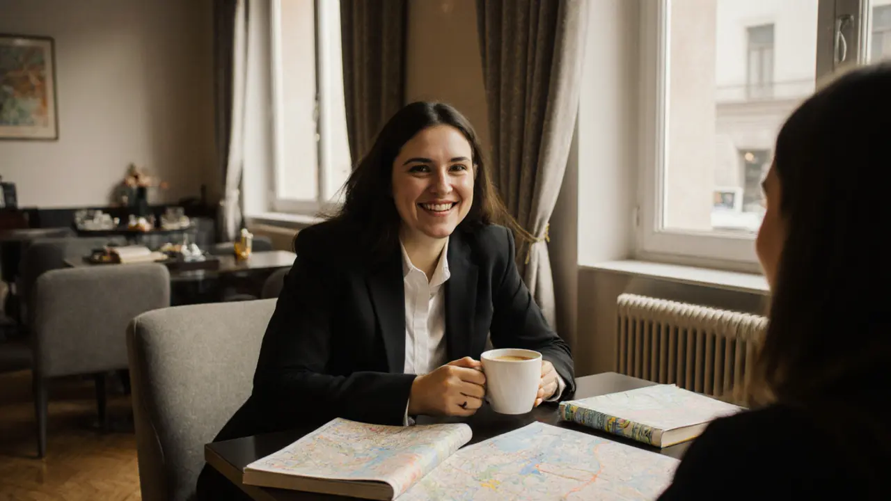 A traveler and professional companion having coffee in Vienna, sharing conversation without payment.