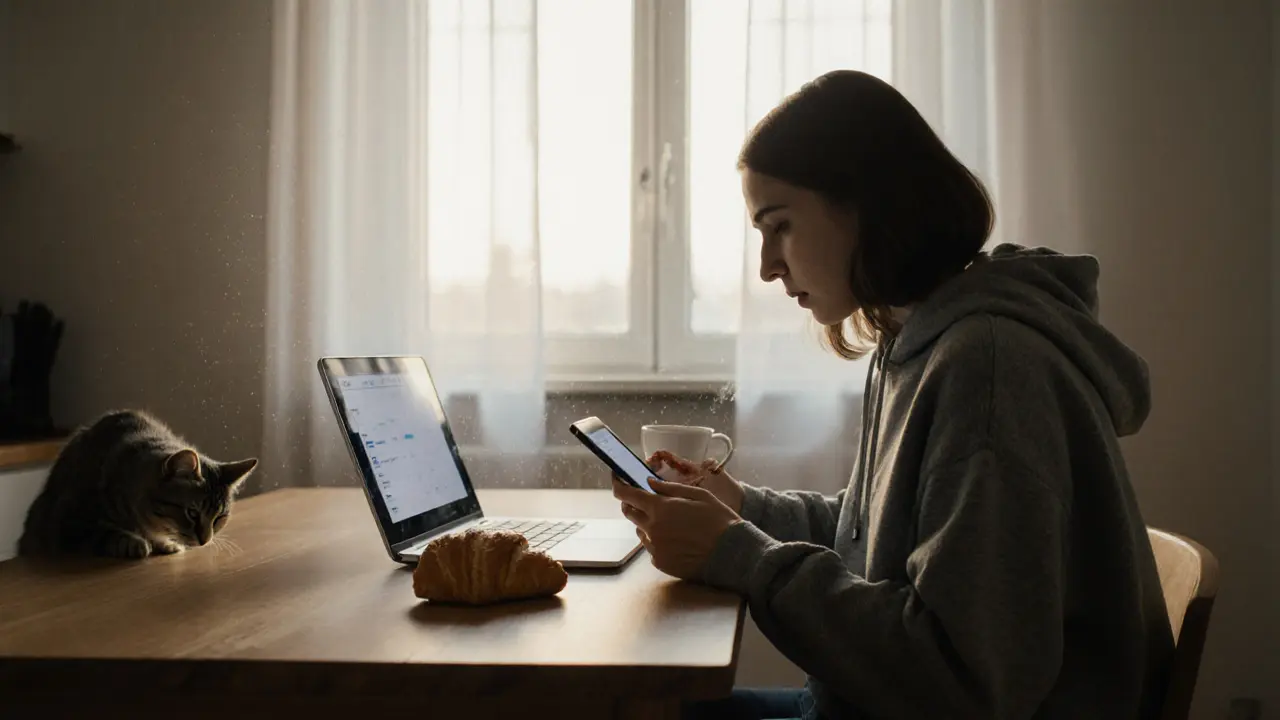 A woman in a hoodie drinks coffee in a Berlin kitchen at dawn, a tablet and laptop showing work apps on the table.