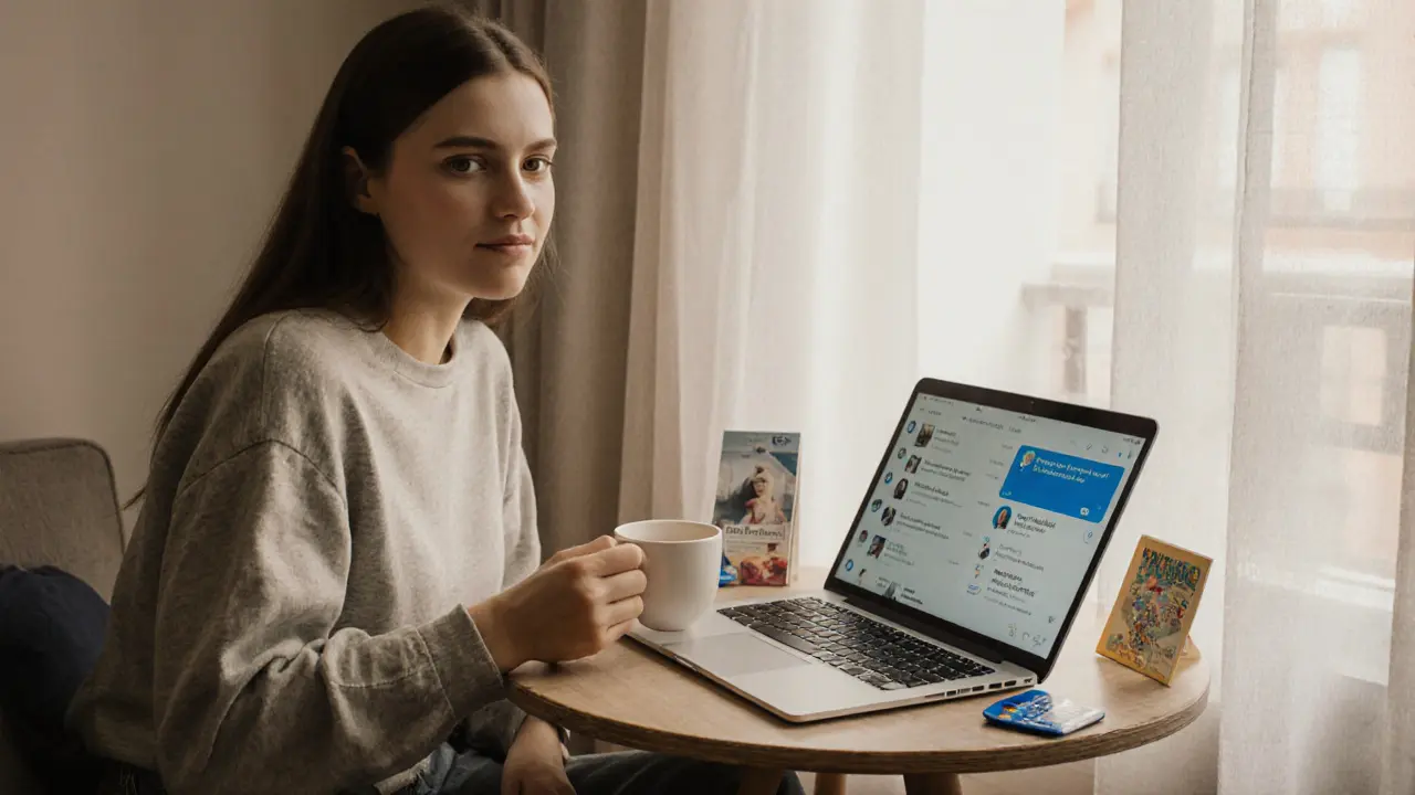 A woman in Barcelona sipping coffee, laptop open to encrypted messages, natural light, casual attire.