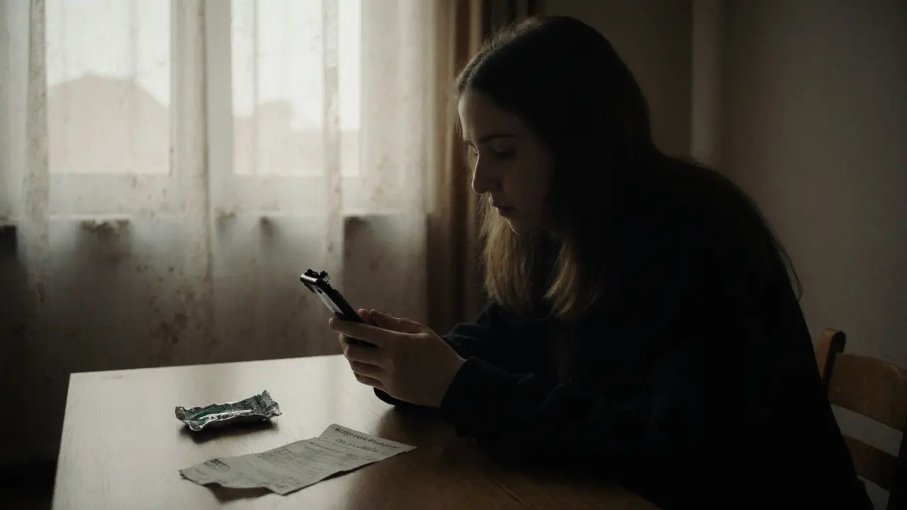 A woman stares at her phone in a dim apartment, showing a fake escort profile and a discarded condom.