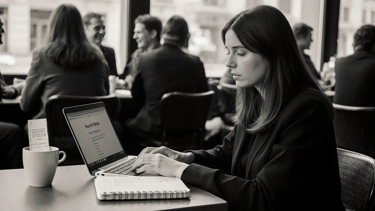 A woman types calmly in a Bucharest café, a notebook labeled &#039;Hourly Rates&#039; visible beside her coffee cup.