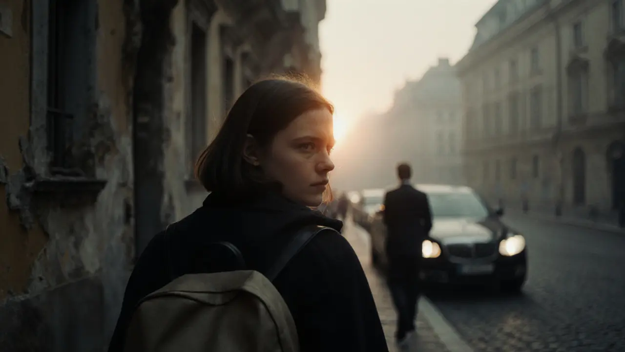 A woman walking away from a building at dawn, looking back as a man watches from a car.