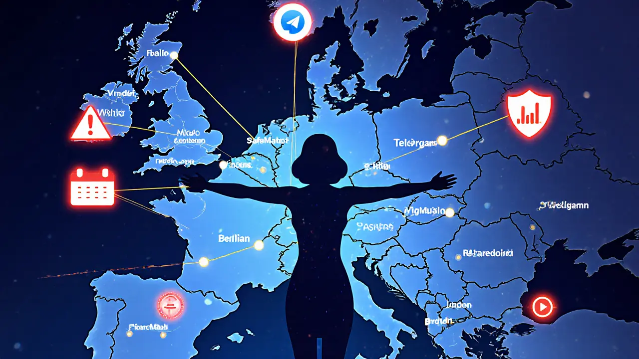 Abstract digital map of Europe showing encrypted networks connecting independent sex workers, with symbols of autonomy and protection.