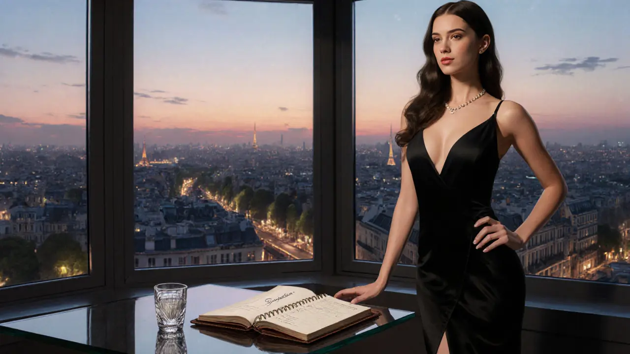 An elegant escort in a luxury Paris setting, exuding discretion and sophistication without explicit imagery.