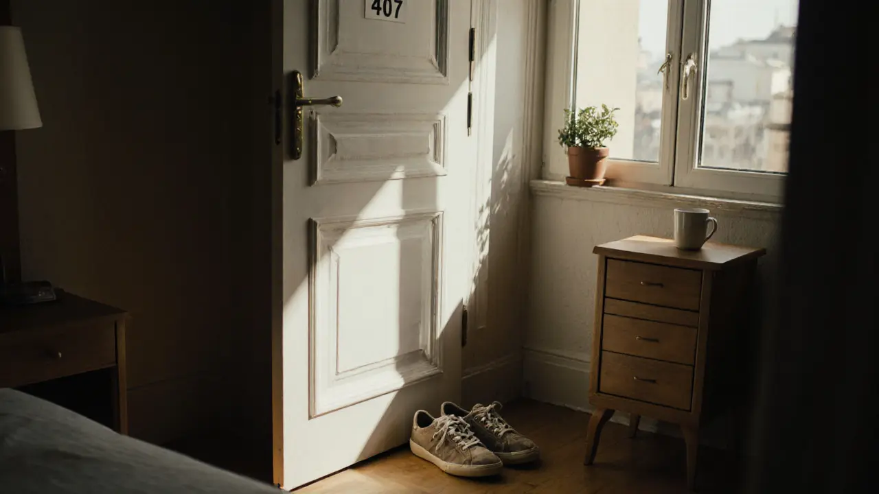 An empty hotel room door labeled &#039;407&#039; with sneakers and a coffee cup nearby, morning light streaming through the window.