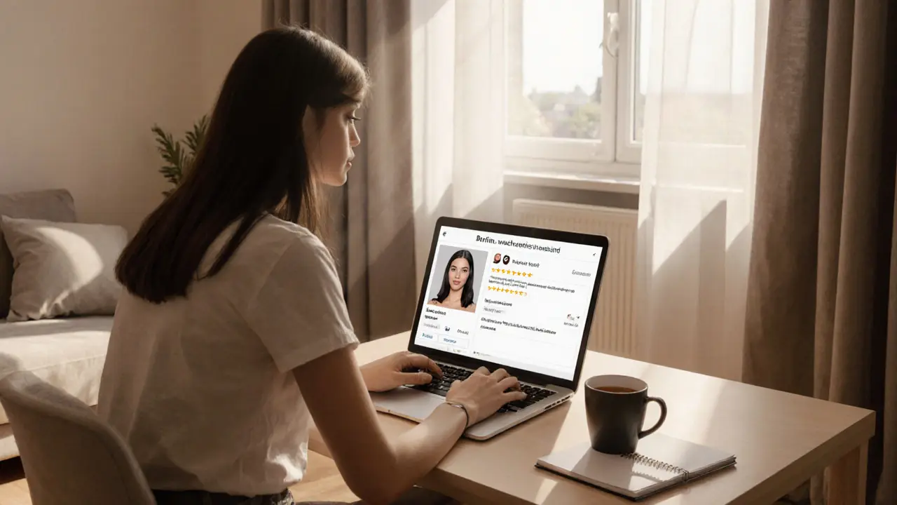 Berlin apartment with woman reviewing verified escort profile on laptop