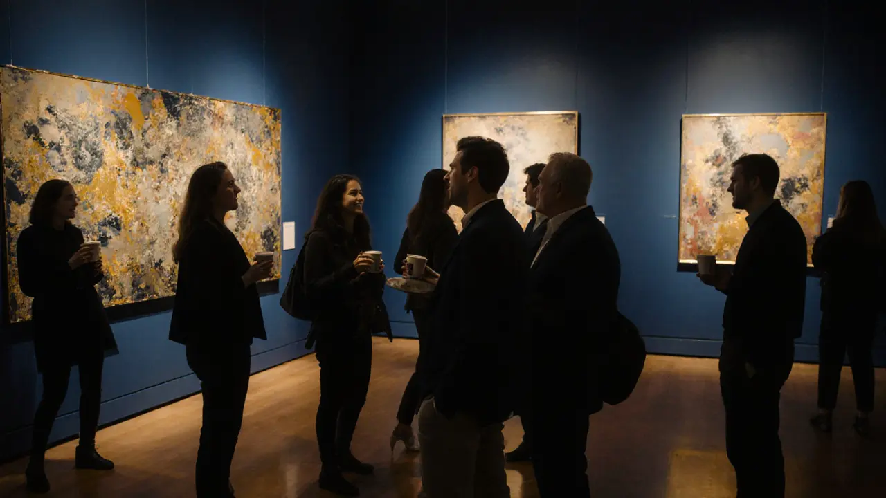 Clients and escorts mingling respectfully at a nighttime art gallery in Madrid, sipping coffee amid abstract paintings.