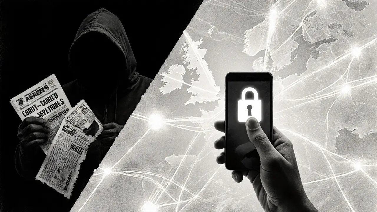 Contrasting imagery of police repression versus digital safety tools in a symbolic European context.