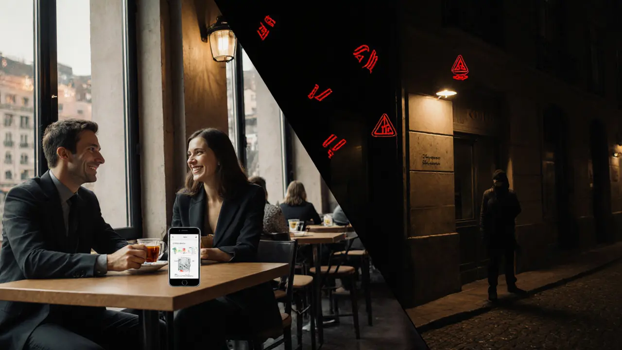 Contrasting scenes: a respectful meeting in a coffee shop versus a dangerous street encounter in Europe.