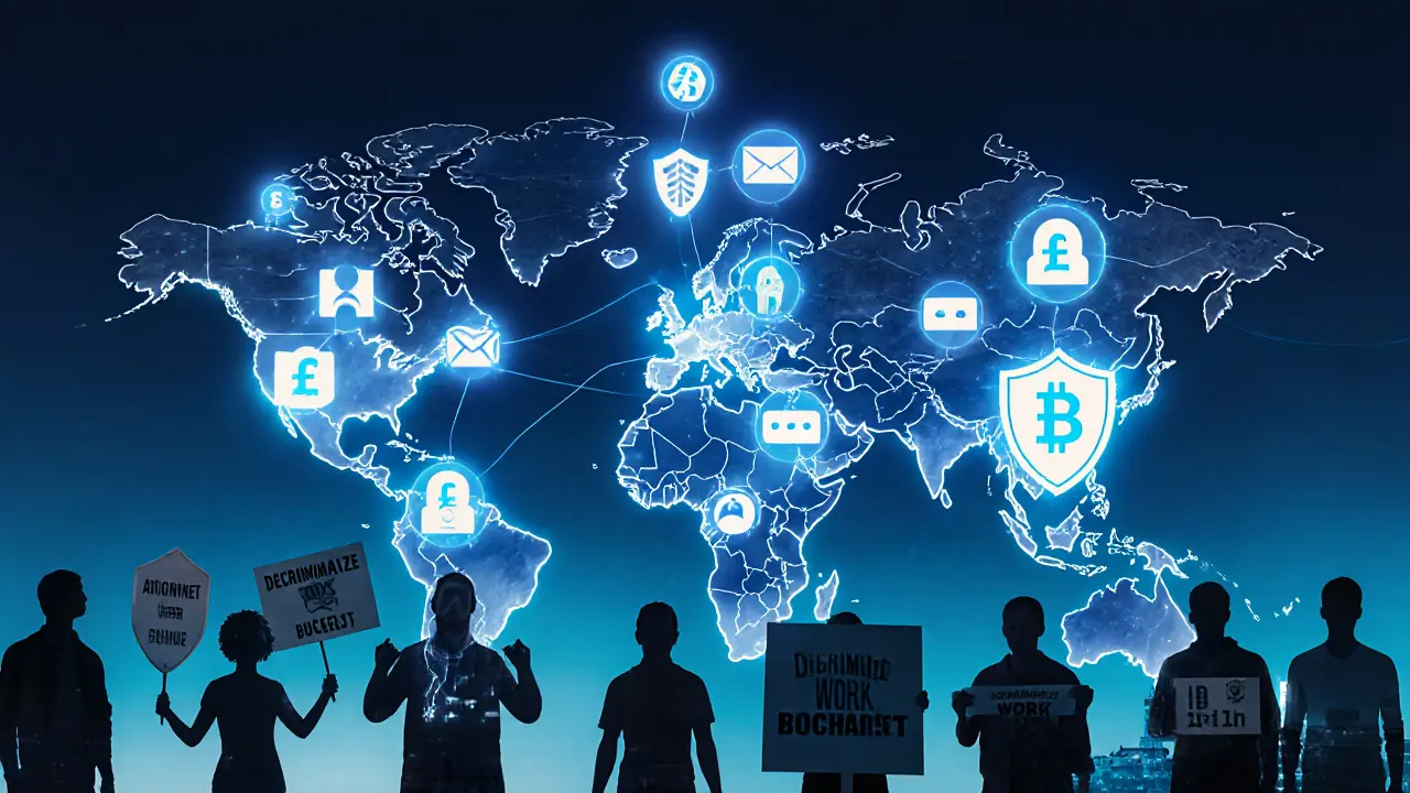 Digital network connecting European sex workers with protective symbols and activist signs.