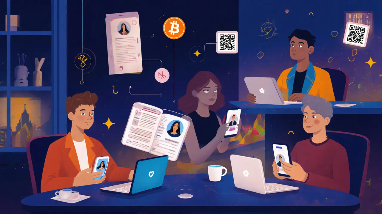 Diverse sex workers managing online profiles on smartphones and laptops in a modern apartment.