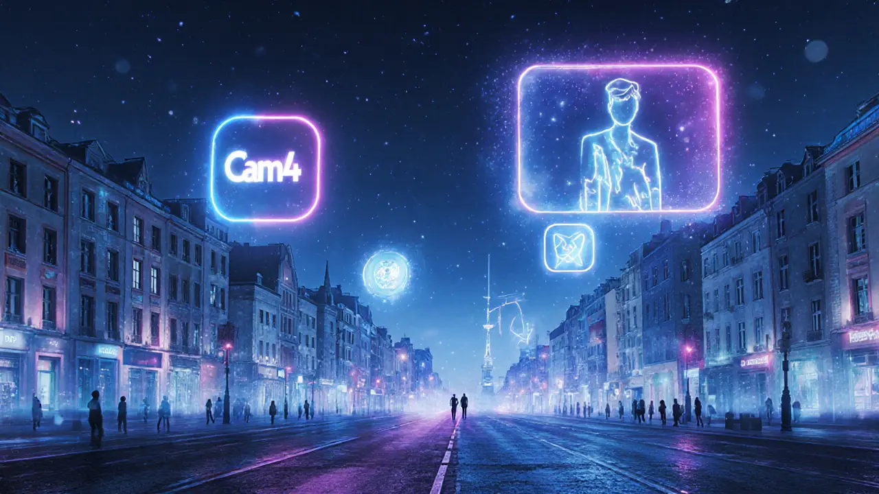 Floating digital platforms above European cities, representing the invisible economy of virtual intimacy.