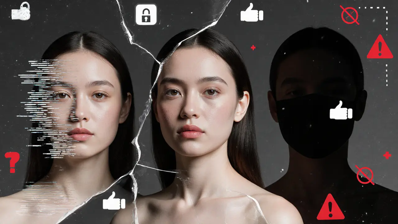 Fractured mirror reflecting real, AI-generated, and masked versions of a woman with warning symbols around.