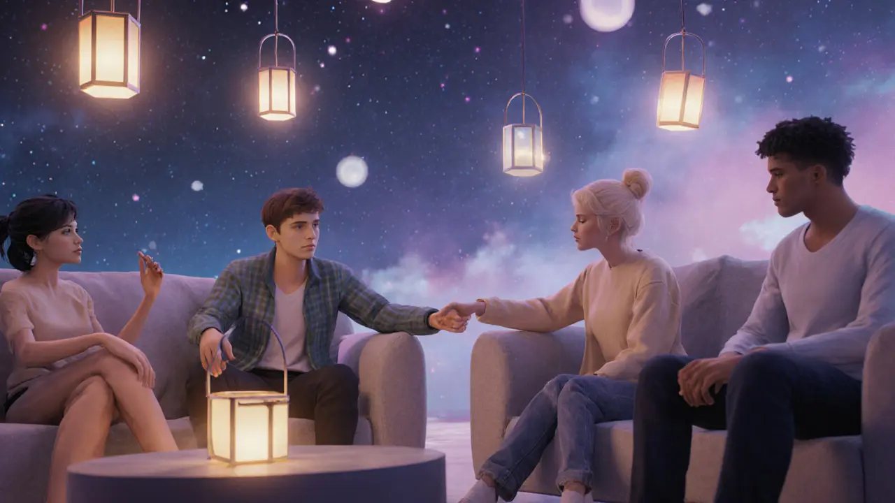 Multiple avatars interacting gently in a serene virtual lounge under a starry digital sky.