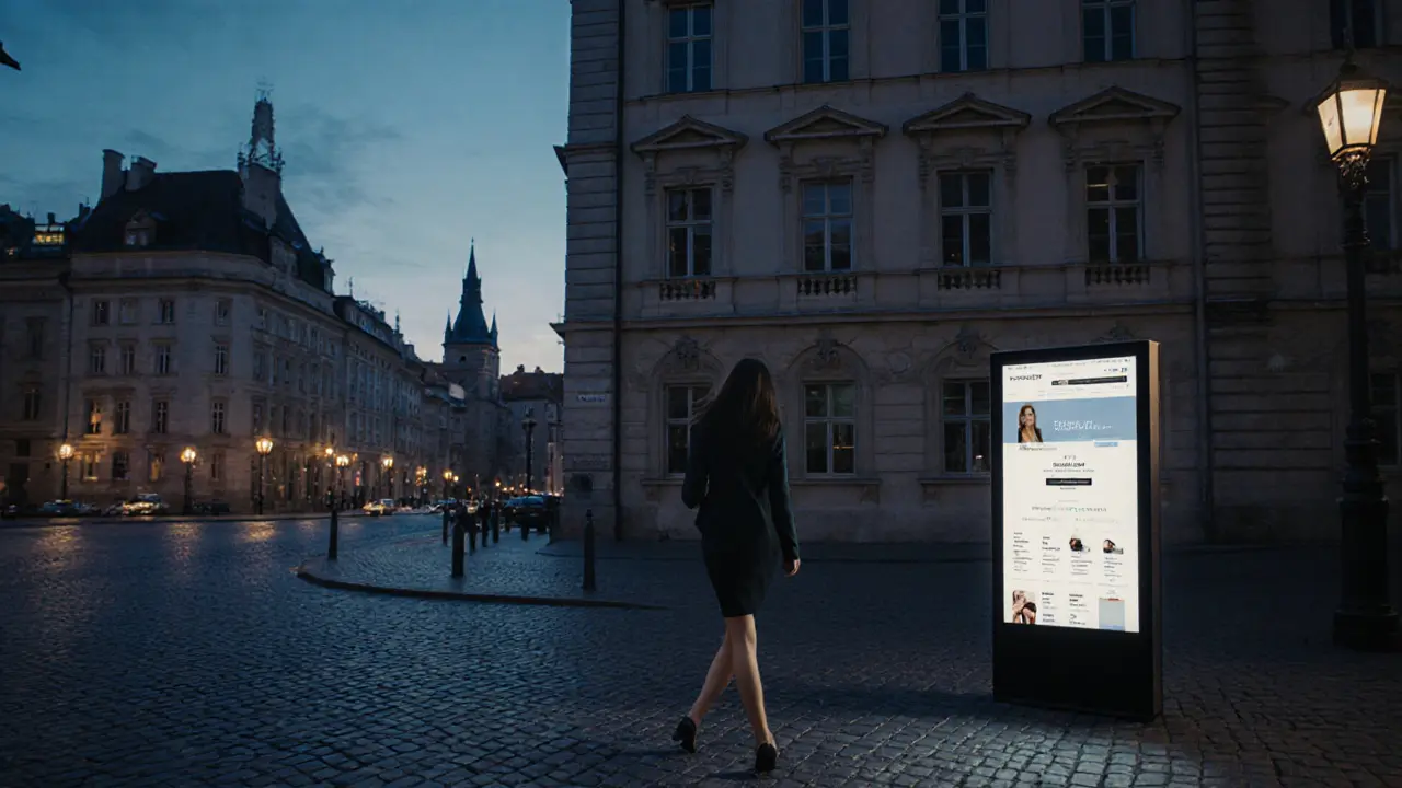Prague street at twilight with discreet escort website kiosk and quiet apartment