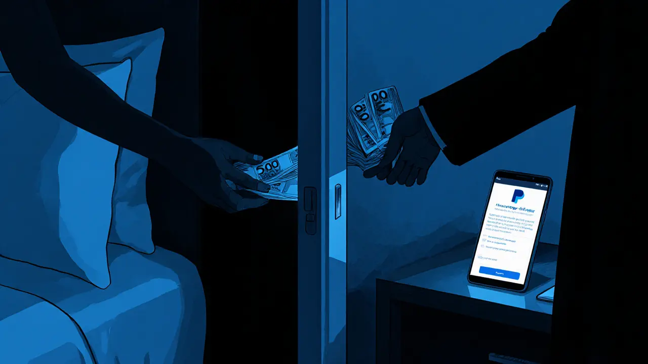 Shadowy figure exchanging cash through a hotel room door, phone showing PayPal payment confirmation.