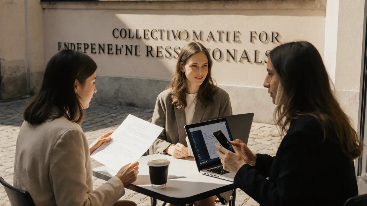 Three professional women in Zurich sharing coffee and laptops in a sunlit courtyard, working independently yet together.