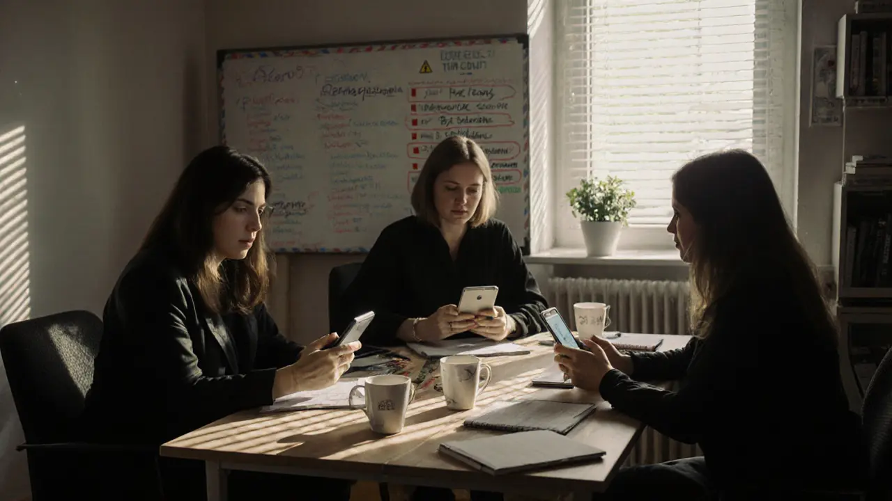 Three women collaborating in a shared workspace, reviewing client safety tools and encrypted payment systems on their devices.