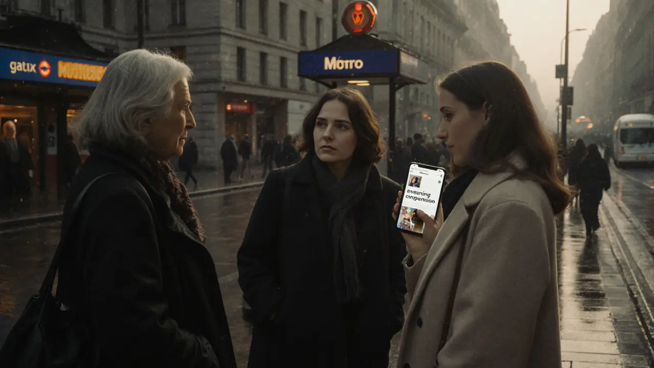 Three women meeting cautiously at dawn in a European city, one checking a coded social media post on her phone.