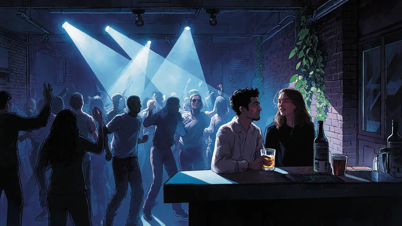 Two people share a quiet moment near a bar in a Berlin techno club, bathed in flickering strobe lights and shadow.