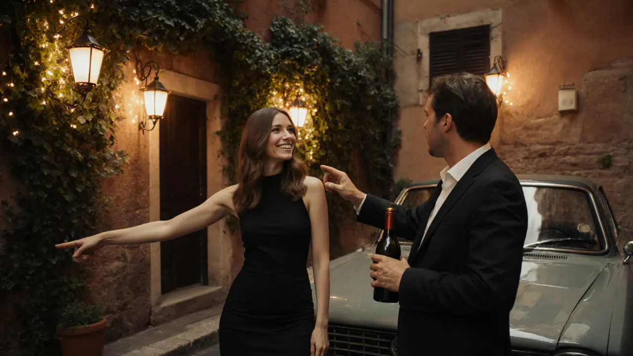 Woman and companion discovering a hidden courtyard in Rome with wine and lantern light.