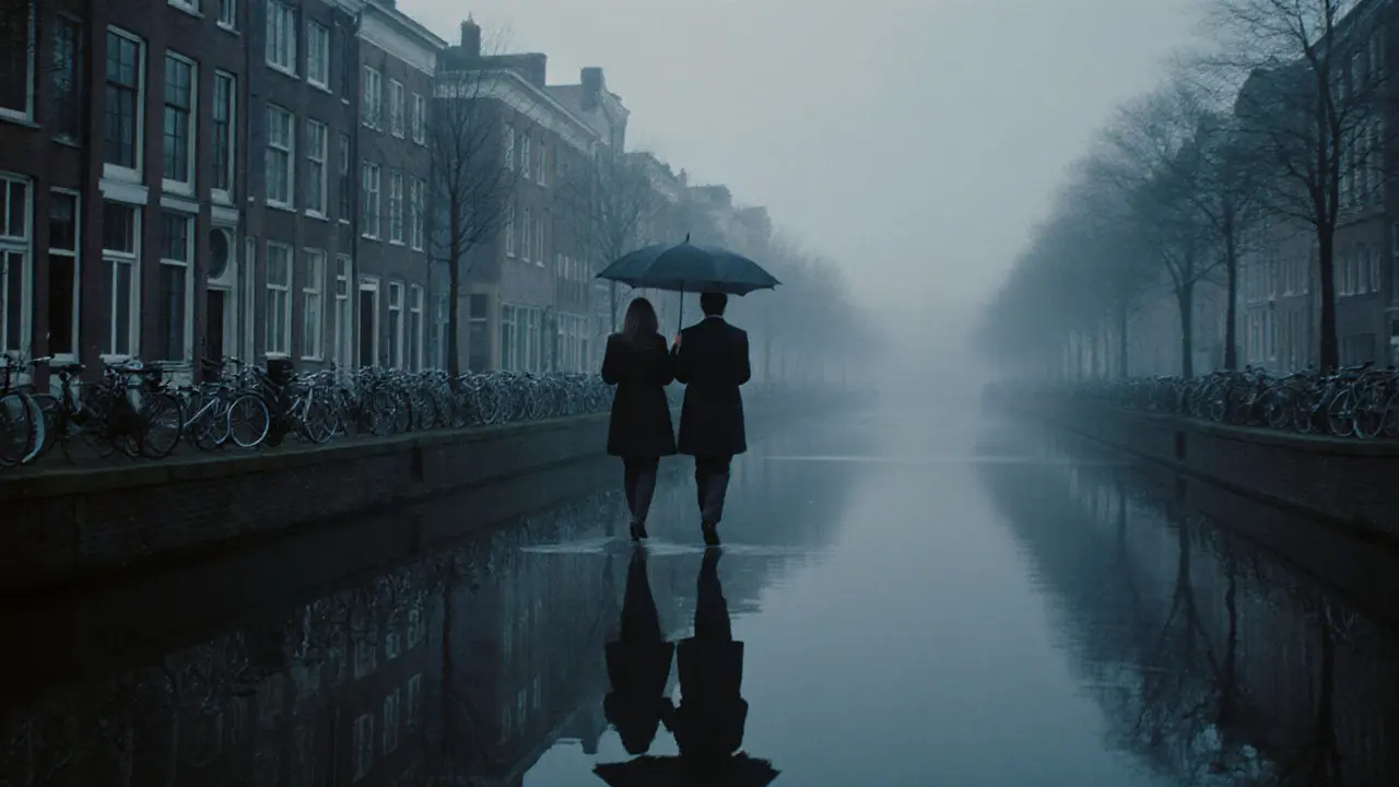 Woman and companion walking calmly along an Amsterdam canal at dusk.