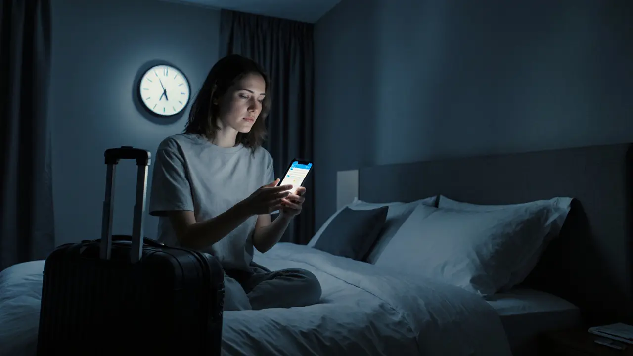 Woman in a Berlin hotel room holding a smartphone with a messaging app lit up on the screen.