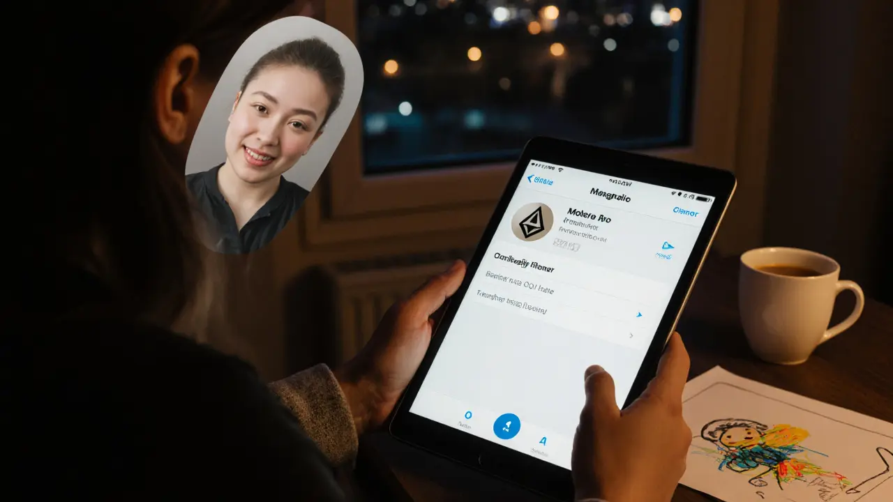 Woman recording a voice message with facial avatar filter, crypto transaction visible on tablet.