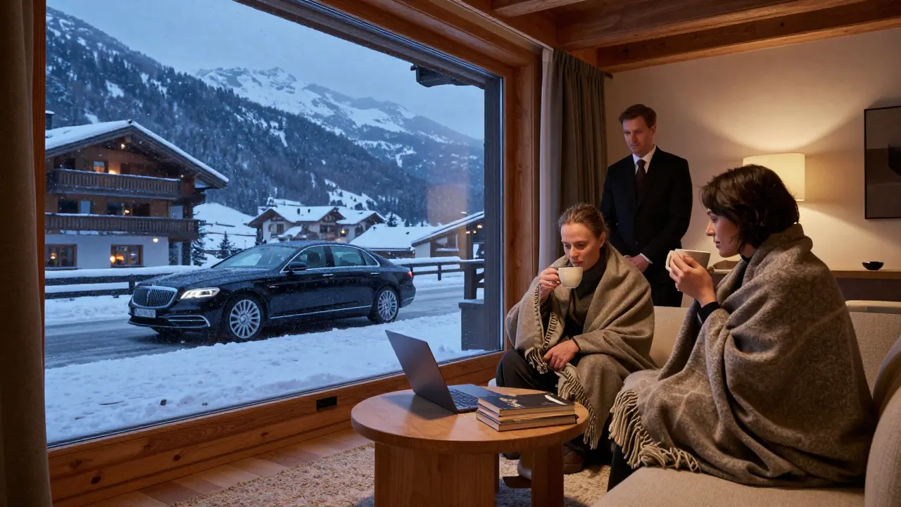 A client and escort relaxing by a window in a Swiss Alps chalet, snow falling outside as they sip tea.
