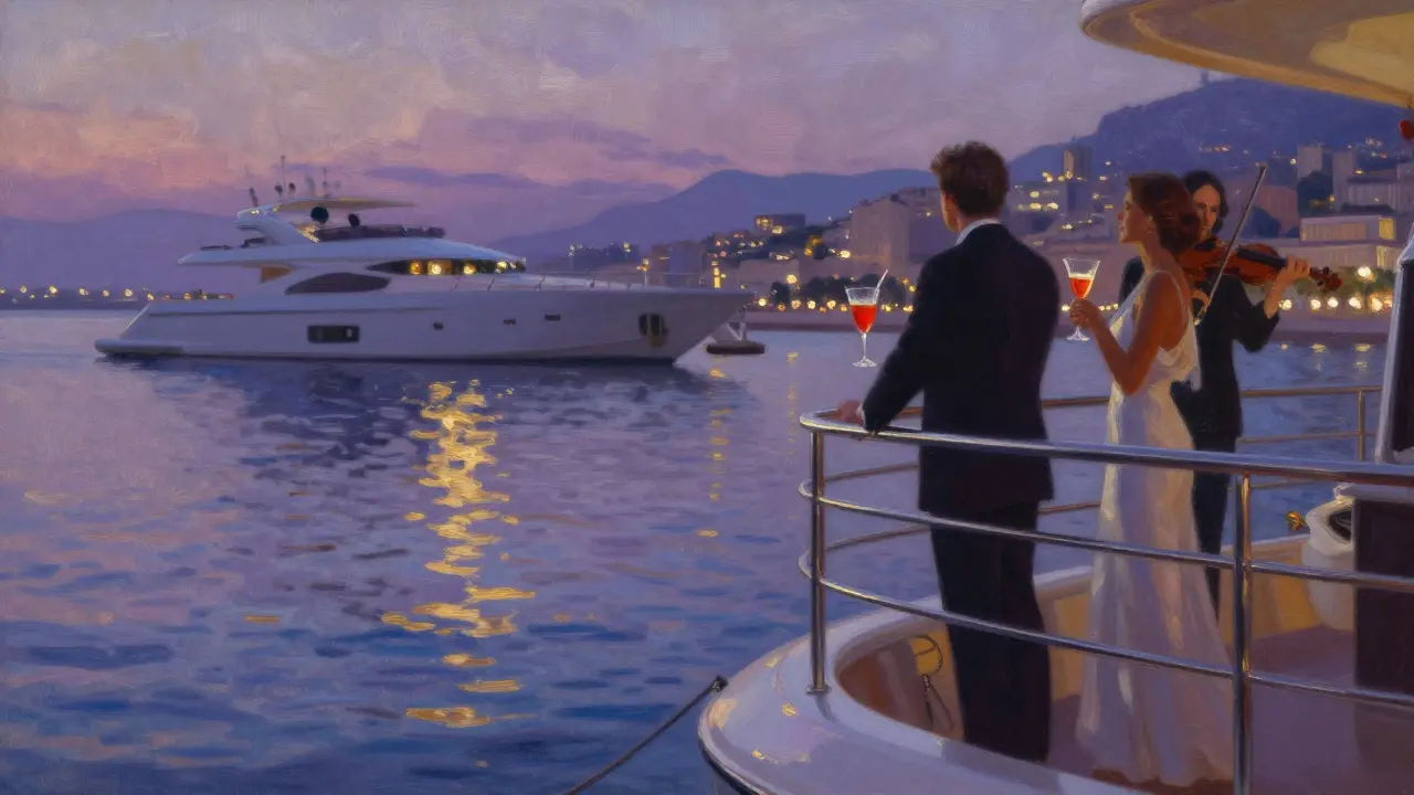 A couple on a private yacht at dusk near Monte Carlo, violinist playing softly as the city glows in the distance.