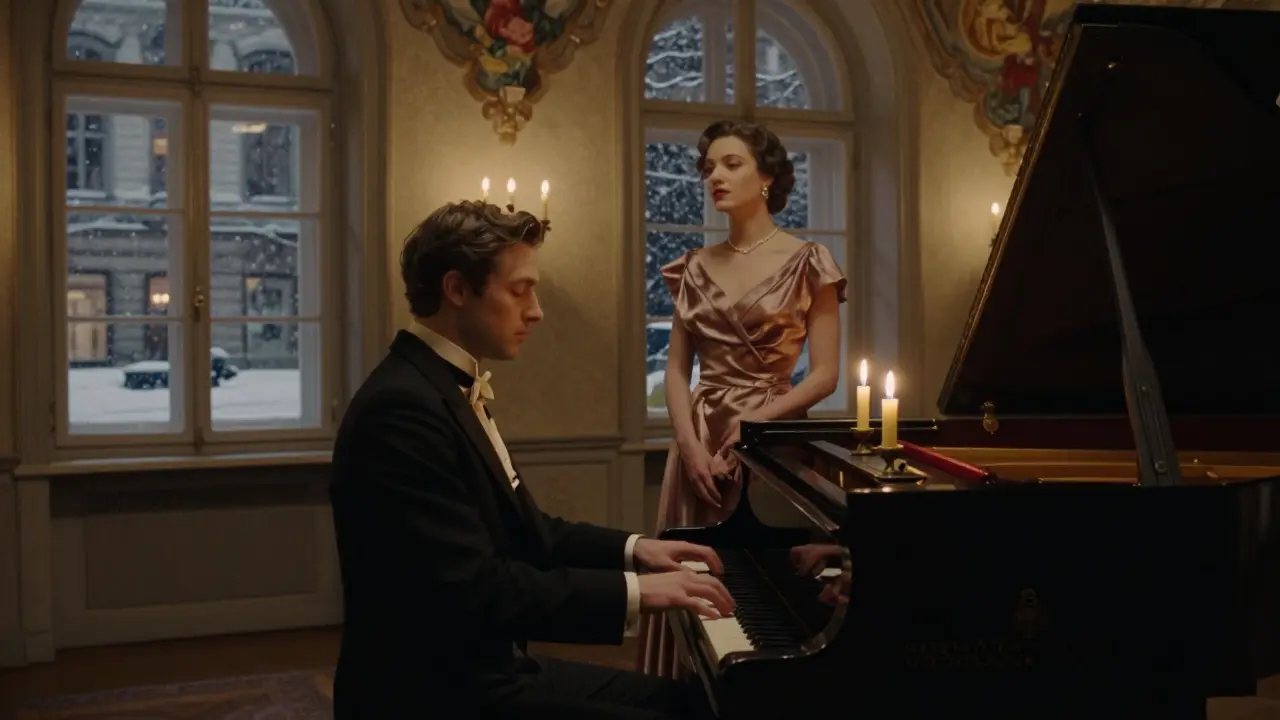 A man sits at a grand piano in a candlelit Vienna ballroom while a woman listens silently, snow falling outside, evoking quiet emotional connection.