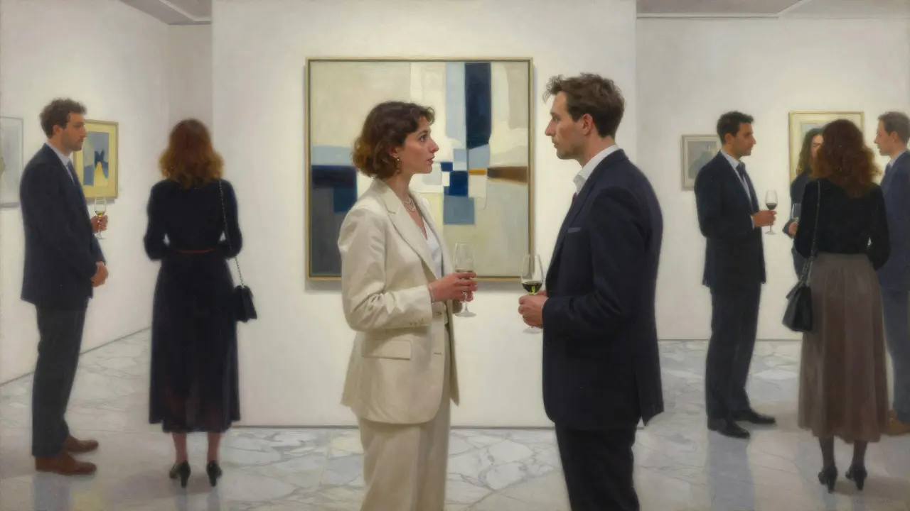 A sophisticated companion and client converse quietly beside an abstract painting at a private Milan gallery opening, surrounded by refined guests.
