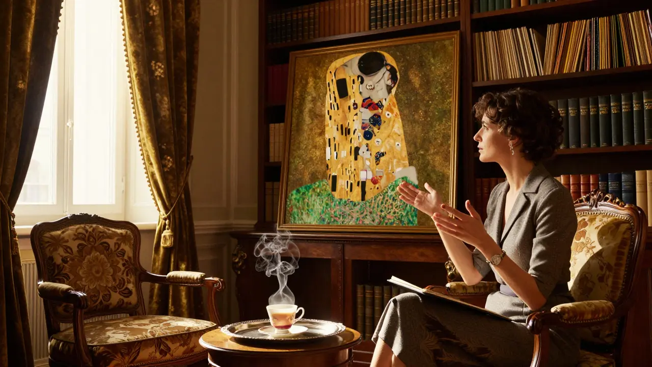 A woman discussing art in a luxurious Viennese salon filled with books and golden sunlight streaming through velvet curtains.