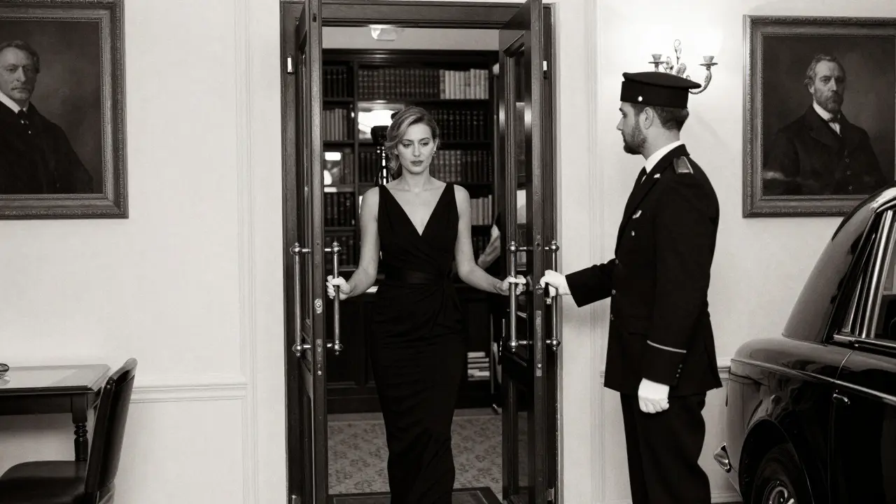 A woman exiting a hidden door at a private Vienna club, greeted by a chauffeur waiting with a luxury car.