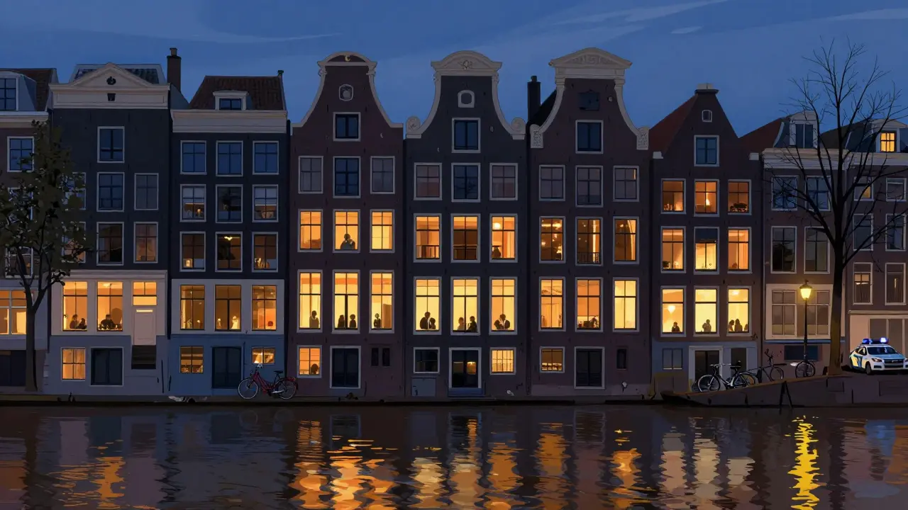 Amsterdam's red light district at dusk with illuminated windows and canal reflections, no street workers visible.
