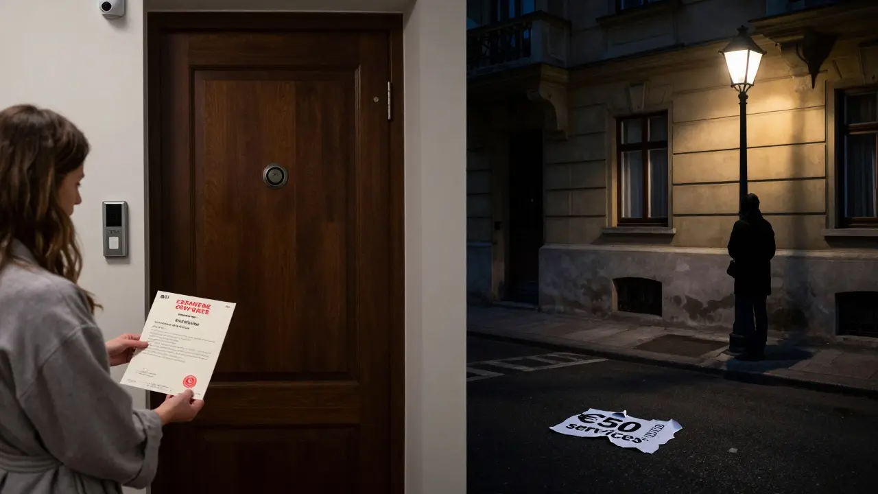 Contrast between a safe Swiss private service and a dangerous Eastern European street corner at night.