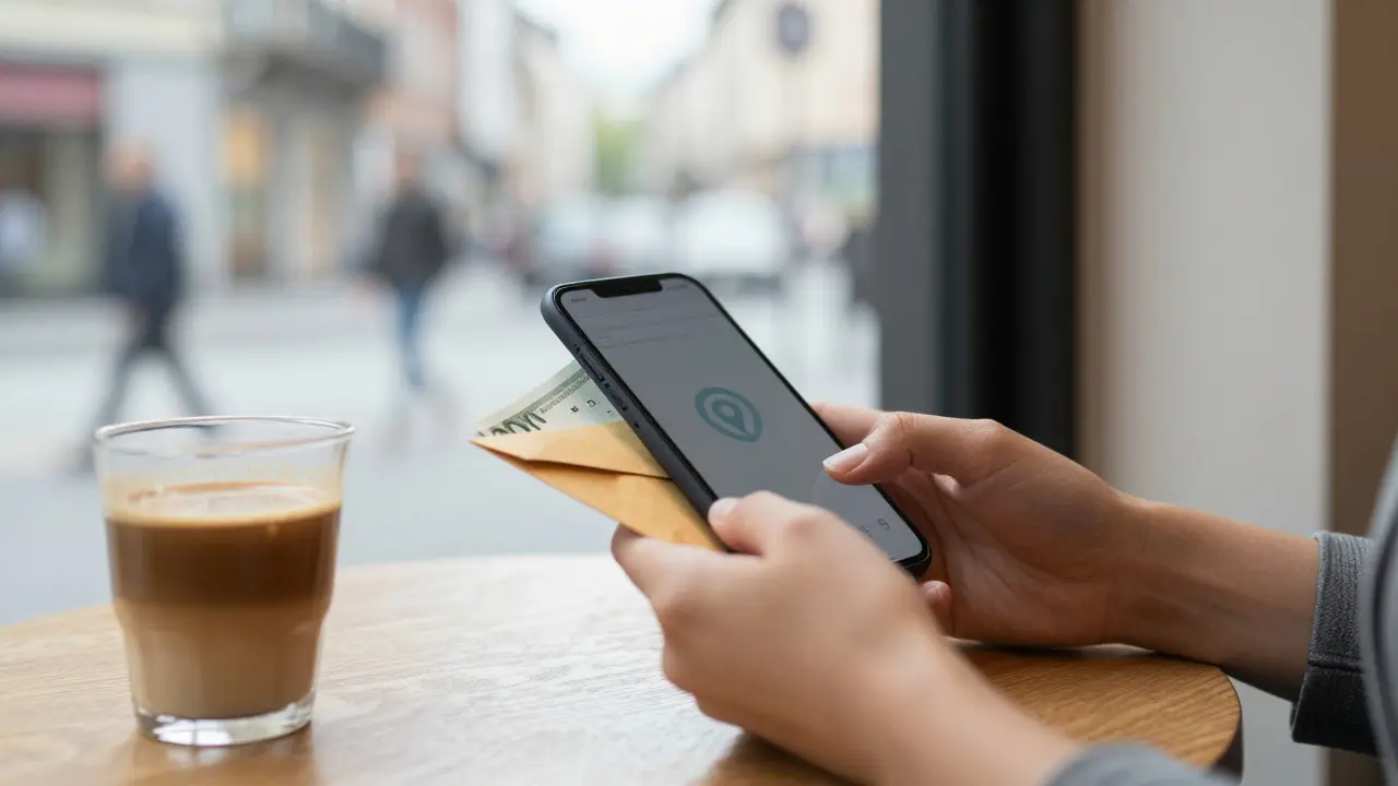 Hands holding a burner phone and cash on a café table, with a health certificate and coffee nearby.