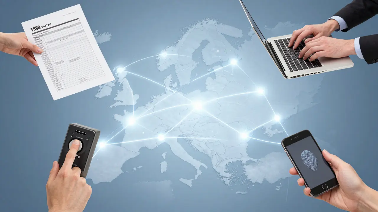 Hands interacting with historical and digital tools connected by glowing threads over Europe.