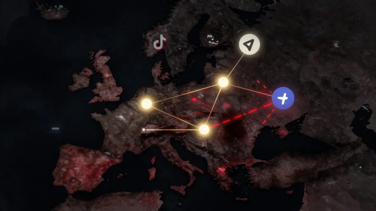 Map of Europe with glowing verified networks in three regions, while unsafe platforms fade into darkness.
