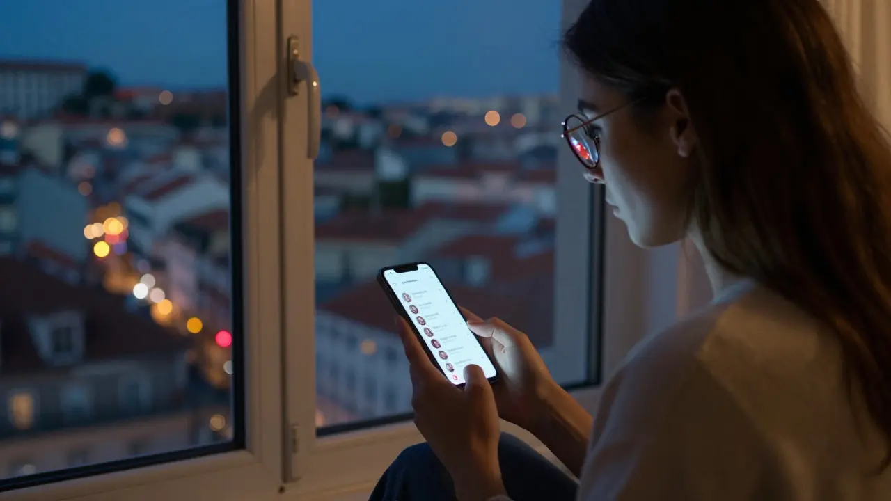 Woman reviewing client profiles on a smartphone in a Lisbon apartment at night.